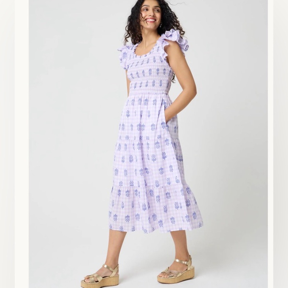 J Crew Ruffle Sleeve Smocked Midi Dress in Iced Lilac Floral Sz S